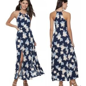 Candie's Maxi Dress‎ Juniors MEDIUM Floral Halter Lined Bodice Blue Pink White